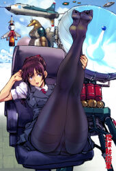 Rule 34 | 1girl, aircraft, airplane, ass, black pantyhose, brown hair, chikyuu boueigun (tokusatsu), commentary request, crotch seam, feet, gusset, hair ribbon, high ponytail, highres, kamisimo 90, kneepits, legs, legs together, legs up, long sleeves, looking at viewer, mecha, moguera, necktie, open mouth, original, panties, panties under pantyhose, pantyhose, pleated skirt, ponytail, ponytail girl (kamisimo 90), presenting, purple eyes, red necktie, red ribbon, revision, ribbon, robot, shirt, short sleeves, sitting, skirt, smile, soles, solo, thighband pantyhose, thighs, underwear, uniform, vest, weapon, white shirt