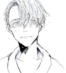 Rule 34 | 1boy, crying, crying with eyes open, greyscale, looking at viewer, male focus, monochrome, sad, short hair, simple background, solo, tears, viktor nikiforov, wet, wet hair, white background, yuri!!! on ice, zilu