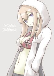 Rule 34 | 1girl, akara kai, alternate costume, anchor ornament, bikini, bikini top only, blonde hair, dated, graf zeppelin (kancolle), grey background, grey eyes, hands in pockets, highres, hood, hooded jacket, hoodie, jacket, kantai collection, long hair, multicolored bikini, multicolored clothes, navel, one-hour drawing challenge, open clothes, open jacket, sidelocks, simple background, solo, swimsuit, tsurime, twitter username, upper body, white jacket