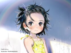 Rule 34 | 1girl, artist name, bare shoulders, black hair, blush, brown eyes, child, commentary request, dress, female focus, flat chest, hair ornament, highres, looking at viewer, medalist (manga), messy hair, official art, serious, short hair, solo, standing, tsurumai kada, upper body, yellow dress, yuitsuka inori