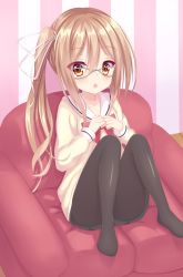 Rule 34 | 1girl, :o, absurdres, armchair, beige shirt, black pantyhose, black skirt, blush, bow, bowtie, brown eyes, chair, chaos;child, collarbone, commentary request, glasses, grey-framed eyewear, hair between eyes, hair ribbon, hakuto momiji, highres, indoors, light brown hair, long hair, long sleeves, looking at viewer, no shoes, own hands together, pantyhose, parted lips, pleated skirt, red bow, red bowtie, ribbon, school uniform, serafuku, shirt, side ponytail, sidelocks, sitting, skirt, solo, striped, vertical stripes, white ribbon, wooden floor, yamazoe uki