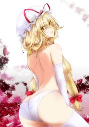 Rule 34 | 1girl, :q, absurdres, ass, back, bad id, blonde hair, bonnet, bow, breasts, butt crack, elbow gloves, gap (touhou), gloves, hair bow, hair over breasts, hat, highres, jpeg artifacts, large breasts, long hair, looking at viewer, looking back, mob cap, naughty face, panties, purple eyes, ribbon, sam (new bee), smile, solo, thighhighs, tk31, tongue, tongue out, topless, touhou, underwear, underwear only, white gloves, white panties, white thighhighs, yakumo yukari
