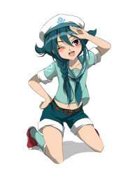 Rule 34 | 1boy, blush, braid, child, green hair, hand on own hip, hat, heart, highres, hip focus, inazuma eleven, inazuma eleven (series), kneeling, long hair, male focus, midriff, mistorene callus, one eye closed, open mouth, pink eyes, sailor, shorts, simple background, smile, solo, trap, wadani hitonori, wink
