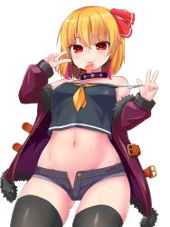 Rule 34 | 1girl, alternate costume, alternate hair color, bare shoulders, black tank top, black thighhighs, blonde hair, blush, breasts, bright pupils, chiroshiron, closed mouth, collar, condom, condom in mouth, condom wrapper, cowboy shot, crop top, denim, denim shorts, from below, fur-trimmed jacket, fur-trimmed sleeves, fur collar, fur trim, gluteal fold, hair ribbon, highres, jacket, looking at viewer, micro shorts, mouth hold, multicolored hair, navel, no panties, off shoulder, open clothes, open jacket, open shorts, orange neckwear, red eyes, red jacket, red ribbon, ribbon, rumia, short hair, shorts, simple background, sleeveless, small breasts, smile, solo, spaghetti strap, spiked collar, spikes, standing, stomach, strap pull, streaked hair, studded collar, sweat, tank top, thighhighs, touhou, two-tone hair, unzipped, v, w, white background, white pupils