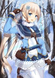 Rule 34 | 1girl, :d, ankle boots, arrow (projectile), bad id, bad pixiv id, bag, bare tree, belt, blue capelet, blue coat, blue eyes, blush, boots, bow (weapon), brown belt, brown footwear, brown gloves, capelet, coat, commentary request, dagger, day, elf, fairy wings, fangs, flower, fur-trimmed boots, fur-trimmed coat, fur-trimmed gloves, fur-trimmed sleeves, fur trim, gloves, hair flower, hair ornament, holding, holding bow (weapon), holding weapon, ice, ice bow, knife, light brown hair, long hair, looking at viewer, open mouth, original, outdoors, pantyhose, pointy ears, ponytail, quiver, sheath, sheathed, sidelocks, smile, snow, snowflake hair ornament, solo, standing, standing on one leg, tree, usagino suzu, very long hair, weapon, white pantyhose, wings, winter, winter clothes, winter coat