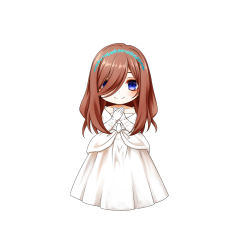 Rule 34 | 1girl, blue eyes, blush, brown hair, closed mouth, collarbone, dress, elbow gloves, eyebrows hidden by hair, full body, gloves, go-toubun no hanayome, hair over one eye, hands up, highres, kuena, long hair, looking at viewer, nakano miku, own hands together, pleated dress, simple background, smile, solo, standing, strapless, strapless dress, wedding dress, white background, white dress, white gloves