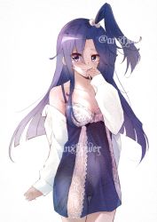 Rule 34 | 1girl, anxflower, blue dress, blue eyes, blue hair, blush, breasts, cleavage, closed mouth, collarbone, covered navel, cowboy shot, dress, floating hair, hair between eyes, hair intakes, high ponytail, highres, jacket, kazanari tsubasa, long hair, long sleeves, looking at viewer, off shoulder, open clothes, open jacket, see-through silhouette, senki zesshou symphogear, short dress, side ponytail, simple background, sleeveless, sleeveless dress, sleeves past wrists, small breasts, solo, standing, twitter username, very long hair, white background, white jacket