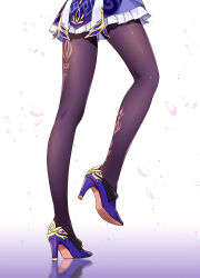 Rule 34 | 1girl, black pantyhose, commentary request, dress, falling petals, from behind, genshin impact, gradient background, high heels, highres, keqing (genshin impact), kobayashi chisato, leg focus, legs, lower body, pantyhose, petals, purple dress, purple footwear, reflective floor, short dress, solo, standing, standing on one leg, white background