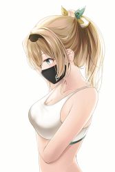 Rule 34 | 1girl, absurdres, arm up, black hairband, black mask, blonde hair, breasts, cleavage, from side, green eyes, hairband, highres, hololive, kazama iroha, mask, medium breasts, midriff, mouth mask, ponytail, shira jun, simple background, solo, sports bra, upper body, virtual youtuber, white background, white sports bra