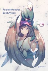 Rule 34 | 1girl, arm up, bird, black eyes, black hair, collarbone, copyright name, creatures (company), cropped legs, decidueye, feathered wings, game freak, gen 7 pokemon, green shorts, hand on another&#039;s head, hat, looking at viewer, nintendo, owl, poke ball, poke ball symbol, pokemon, pokemon (creature), pokemon sm, red eyes, red hat, selene (pokemon), shirt, short sleeves, shorts, smile, tomari (veryberry00), twitter username, wings, yellow shirt