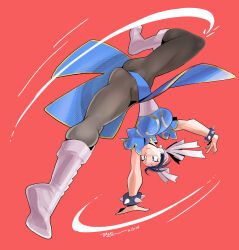 Rule 34 | 1girl, black eyes, black hair, black pantyhose, blue leotard, boots, bracelet, breasts, bun cover, callan (callancoe), capcom, chun-li, closed mouth, commentary request, dated, full body, hair bun, jewelry, kicking, large breasts, leotard, pantyhose, pelvic curtain, red background, signature, simple background, solo, spiked bracelet, spikes, spinning bird kick, street fighter, white footwear