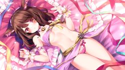 Rule 34 | 1girl, absurdres, animal ears, warrior of light (ff14), bandeau, bell, breasts, brown hair, bucchake (asami), cat ears, cat girl, choker, commission, facial mark, final fantasy, final fantasy xiv, frilled panties, frilled pillow, frills, highres, looking at viewer, lying, medium hair, miqo&#039;te, multicolored hair, navel, neck bell, on back, panties, pillow, purple bandeau, purple panties, purple sarong, red eyes, red hair, ribbon, sarong, skeb commission, small breasts, stomach, streaked hair, two-tone hair, underwear, whisker markings, wrist cuffs