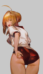 Rule 34 | 1girl, ahoge, arm behind back, ass, blonde hair, braid, breasts, fate/grand order, fate (series), from behind, green eyes, grey background, gyudong123, hand under clothes, hand under shorts, highres, large breasts, looking at viewer, nero claudius (fate), nero claudius (fate) (all), nero claudius (fate/extra), nero claudius (olympian bloomers) (fate), official alternate costume, one eye closed, shirt, shorts, simple background, solo, sportswear, teeth, upper teeth only, white shirt