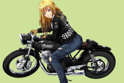 Rule 34 | 1girl, ano hito, black jacket, blonde hair, blue eyes, brown gloves, club (shape), commentary request, denim, gloves, green background, grin, jacket, jeans, long hair, motor vehicle, motorcycle, original, pants, sitting, smile, solo, torn clothes, torn jeans, torn pants