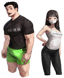 Rule 34 | 1boy, 1girl, black hair, black pants, black shirt, bulge, camisole, clothes writing, commentary, commentary request, cropped legs, english commentary, english text, facial hair, goatee, green shorts, grey eyes, highres, korean commentary, large pectorals, long hair, long sideburns, looking at viewer, mask, mixed-language commentary, mouth mask, muscular, muscular male, open mouth, original, pants, pectorals, print shirt, rinotuna, shirt, short hair, short sleeves, shorts, sideburns, simple background, surgical mask, taut clothes, taut shirt, text print, thick thighs, thighs, veins, white background, white camisole, white mask