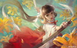 Rule 34 | 1girl, aiming, black hair, blunt bangs, bow (weapon), brown hair, creature, floating hair, flower, from above, giftx, hakama, holding, holding bow (weapon), holding weapon, inuyasha, japanese clothes, kikyou (inuyasha), long hair, long sleeves, looking at viewer, looking up, low ponytail, miko, neck ribbon, outstretched arm, ponytail, quiver, red hakama, red lips, red ribbon, ribbon, ribbon trim, shinidamachuu, solo, standing, turtleneck, very long hair, weapon, wide sleeves, yellow flower
