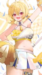Rule 34 | 1girl, :d, absurdres, ahoge, aipa, arm up, blonde hair, blue archive, blush, braid, breasts, character name, cheerleader, cleavage, commentary request, confetti, cowboy shot, detached collar, double-parted bangs, eyelashes, hair between eyes, halo, hand on own hip, highres, holding, holding pom poms, kotori (blue archive), kotori (cheer squad) (blue archive), large breasts, looking at viewer, low twintails, miniskirt, navel, official alternate costume, open mouth, pleated skirt, plump, pom pom (cheerleading), pom poms, red eyes, short hair, short twintails, side braid, sidelighting, simple background, skirt, smile, solo, stomach, thighs, twintails, v-shaped eyebrows, white background, white skirt, yellow halo