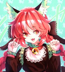 Rule 34 | 1girl, animal ears, braid, cat ears, dress, frilled dress, frilled sleeves, frills, highres, juliet sleeves, kaenbyou rin, long sleeves, mary janes, open mouth, puffy sleeves, red eyes, red hair, shoes, solo, sunnysideup, touhou, twin braids