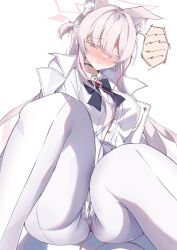 Rule 34 | 1girl, absurdres, akira (blue archive), animal ears, blue archive, blush, breasts, cat ears, earphones, enoha, hand on own crotch, highres, jacket, listening, medium breasts, pants, pink eyes, solo, sweatdrop, white hair, white jacket, white pants