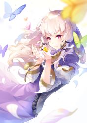Rule 34 | 1girl, ahoge, albino, blurry, blush, breasts, bug, butterfly, closed mouth, commentary request, depth of field, dress, fire emblem, fire emblem: three houses, floating hair, flower, frills, holding, holding flower, bug, juliet sleeves, long hair, long sleeves, lysithea von ordelia, nintendo, petals, pink eyes, puffy sleeves, purple dress, ringozaka mariko, sidelocks, simple background, small breasts, smile, solo, upper body, veil, white background, white flower, white hair