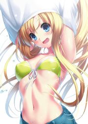 Rule 34 | 1girl, air (visual novel), arms up, bikini, bikini top only, blonde hair, blue eyes, breasts, commentary request, denim, denim shorts, front-tie top, green bikini, kamio misuzu, long hair, medium breasts, navel, open mouth, shorts, simple background, solo, swimsuit, undressing, upper body, white background, zen