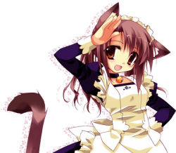 Rule 34 | 1girl, :d, animal ears, bell, blush, cat ears, cat tail, collar, hand on own hip, jingle bell, looking at viewer, lowres, maid, minazuki haruka, neck bell, open mouth, orange eyes, purple hair, salute, simple background, smile, solo, tail, white background