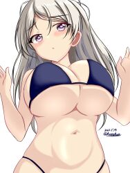 Rule 34 | 1girl, bikini, black bikini, blush, breast press, breasts, brown eyes, conte di cavour (kancolle), dated, grey hair, highres, kantai collection, large breasts, long hair, montemasa, official alternate costume, open mouth, purple eyes, solo, swimsuit, twitter username, two side up, upper body