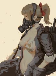 Rule 34 | 10s, 1girl, 2016, arm at side, backpack, bag, bikini, bikini top only, blonde hair, bow, breasts, cleavage, collarbone, dated, derivative work, from side, gas mask, hair bow, hand in pocket, long sleeves, looking afar, mask, navel, open clothes, original, ponytail, profile, red bow, signature, simple background, sketch, sleeves pushed up, sleeves rolled up, solo, stomach, striped bikini, striped clothes, swimsuit, unzipped, wudi sao nian, yellow background, yellow bikini, zipper