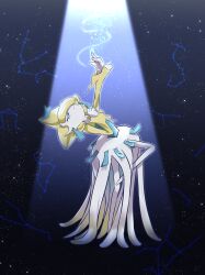 Rule 34 | 1girl, absurdres, aries (constellation), arm up, aura, blonde hair, blue background, cancer (constellation), clenched hand, closed eyes, closed mouth, colored skin, constellation, creatures (company), ddingyong, female focus, from side, full body, fusion, game freak, gardevoir, gemini (constellation), gen 3 pokemon, hair over one eye, hand up, happy, hat, highres, jirachi, leaning back, leg up, legendary pokemon, leo (constellation), libra (constellation), long sleeves, mythical pokemon, nintendo, one eye covered, outline, outstretched arm, pokemon, pokemon (creature), scorpius (constellation), short hair, skirt, smile, solo, spotlight, standing, standing on one leg, star (sky), taurus (constellation), two-tone shirt, u u, virgo (constellation), white skin, white skirt, yellow hat