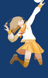 Rule 34 | 1girl, absurdres, ball, bananafish1111, blue background, brown hair, commentary, english commentary, highres, navel, open mouth, original, playing sports, pleated skirt, red eyes, school uniform, serafuku, shoes, simple background, skirt, sneakers, solo, thighhighs, volleyball, volleyball (object), yellow thighhighs