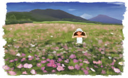 Rule 34 | 1girl, bare shoulders, blue sky, brown hair, casual, collarbone, commentary request, day, dress, field, flower, flower field, hat, highres, kantai collection, medium hair, mountainous horizon, outdoors, ryuujou (kancolle), scenery, sky, solo, sun hat, sundress, taruhi