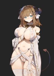 Rule 34 | 1girl, absurdres, bare shoulders, blue eyes, blush, breasts, bridal gauntlets, brown hair, cleft of venus, commentary, demon girl, demon horns, demon tail, detached collar, highres, horns, large breasts, looking at viewer, navel, original, pearl thong, pussy, revealing clothes, short hair, simao (x x36131422), solo, tail, thighhighs, thighs, white thighhighs