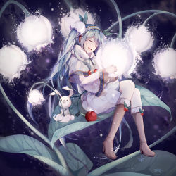 Rule 34 | 1girl, blue hair, boots, brown footwear, capelet, closed eyes, dress, flower, foot dangle, full body, fur-trimmed boots, fur trim, hairband, hatsune miku, head tilt, high heel boots, high heels, knee boots, knees together feet apart, leaf, light particles, lily of the valley, long hair, long sleeves, mamenomoto, mini person, minigirl, open mouth, plant, rabbit, sitting, smile, snowflake print, solo, very long hair, vocaloid, white dress, wide sleeves, yuki miku, yukine (vocaloid)