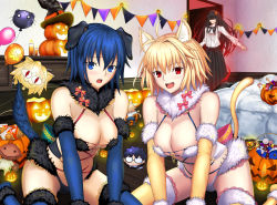 Rule 34 | 4girls, alternate costume, anger vein, angry, animal costume, animal ears, antenna hair, aqua bow, arcueid brunestud, back, back bow, balloon, bare shoulders, bed, black hair, black headwear, black ribbon, black skirt, blonde hair, blue eyes, blue hair, blue sleeves, blush, bow, bread, breasts, candy, cat costume, cat ears, cat girl, cat tail, character balloon, character doll, ciel (tsukihime), cleavage, closed mouth, commentary request, cosplay, curry bread, dog costume, dog ears, dog girl, dog tail, doll, fake animal ears, fake tail, fate/grand order, fate (series), food, fur-trimmed sleeves, fur collar, fur trim, gradient hair, hair between eyes, halloween, halloween costume, harukey, hat, highres, indoors, jack-o&#039;-lantern, large breasts, long hair, long skirt, long sleeves, looking at viewer, mash kyrielight, mash kyrielight (dangerous beast), mash kyrielight (dangerous beast) (cosplay), multicolored hair, multiple girls, neck ribbon, neco-arc, o-ring, o-ring top, official alternate costume, open mouth, pink bow, pumpkin, red eyes, red hair, revealing clothes, ribbon, shaded face, shirt, short hair, single hair intake, size difference, skirt, streaked hair, tail, teeth, tohno akiha, tohno shiki, tsukihime, tsukihime (remake), two-tone hair, upper teeth only, white shirt, witch hat, wooden floor, yellow sleeves
