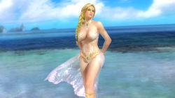 Rule 34 | 1girl, 3d, beach, blonde hair, blue eyes, braid, breasts, cleavage, dead or alive, dead or alive 5, helena douglas, large breasts, long hair, ocean, official art, solo, tecmo
