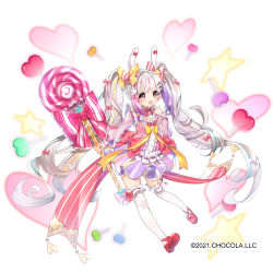 Rule 34 | 1girl, bow, candy, food, frilled thighhighs, frills, hair bow, hair ornament, heart, highres, lollipop, long hair, looking at viewer, multicolored hair, official art, open mouth, pink eyes, red bow, sakofu, solo, star (symbol), streaked hair, sugar conflict, thighhighs, twintails, very long hair, white hair, wrist cuffs, yellow bow