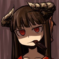 Rule 34 | 1girl, blunt bangs, brown background, brown hair, candy, chocolate, chocolate bar, collarbone, commentary request, demon girl, demon horns, food, food in mouth, head tilt, hinomoto oniko, horns, long hair, looking at viewer, lowres, nns (sobchan), original, portrait, red eyes, simple background, slit pupils, snickers (brand), solo