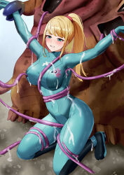 Rule 34 | 1girl, absurdres, amayo thranana, arms up, blonde hair, blue bodysuit, blue eyes, bodysuit, bound, bound wrists, breasts, clenched teeth, high ponytail, highres, large breasts, long hair, metroid, mole, mole under mouth, nintendo, outstretched arms, rape, samus aran, slime (substance), solo focus, teeth, tentacle sex, tentacles, zero suit