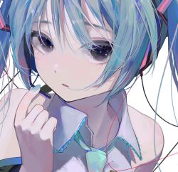 Rule 34 | 1girl, black eyes, blue hair, blue nails, detached sleeves, expressionless, hair between eyes, hatsune miku, headphones, headset, highres, hukaya39, long hair, looking at viewer, nail polish, necktie, parted lips, portrait, power symbol, power symbol-shaped pupils, solo, star (symbol), symbol-shaped pupils, twintails, vocaloid, white background