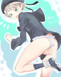 Rule 34 | 10s, 1girl, ^^^, ass, blue eyes, blush, embarrassed, from behind, fundoshi, gradient background, hat, japanese clothes, kantai collection, leg up, long sleeves, looking back, open mouth, sailor collar, sailor hat, short hair, silver hair, solo, sweat, tears, twitter username, yaki tomato, yakitomato, z1 leberecht maass (kancolle)