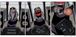 Rule 34 | 3koma, angry, assault visor, attack, blitzwing, cannon, comic, crazy, decepticon, english text, grin, helmet, jitome, mecha, minttu hynninen, monocle, mugshot, multiple persona, no humans, red eyes, robot, sequential, shouting, smile, transformers, transformers animated, visor