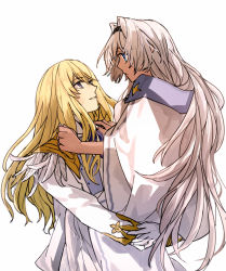 Rule 34 | 1boy, 1girl, blonde hair, blue eyes, caenis (fate), carrying, dark skin, fate/grand order, fate (series), feathers, gloves, kirschtaria wodime, long hair, long sleeves, profile, shirt on shoulders, simple background, tsengyun, very long hair, white background, white gloves, white hair