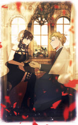 1boy 1girl alex_(sandora) black_dress black_hair blonde_hair blush breasts closed_mouth dress earrings formal hairband highres husband_and_wife jewelry long_hair medium_breasts necktie open_mouth red_eyes red_necktie short_hair spy_x_family suit twilight_(spy_x_family) yor_briar