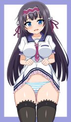 Rule 34 | 1girl, absurdres, bell, between breasts, black hair, black thighhighs, blue eyes, blush, breasts, cameltoe, clothes lift, gal gun double peace, hair bell, hair ornament, hairband, highres, kamizono shinobu, large breasts, lifted by self, long hair, looking at viewer, necktie, necktie between breasts, open mouth, panties, red hairband, sakurachi academy school uniform, school uniform, simple background, skirt, skirt lift, smile, solo, striped clothes, striped panties, tankuro uri, thighhighs, underwear, white background
