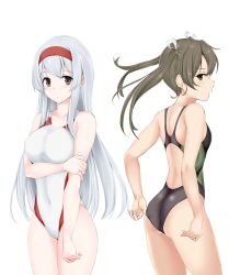 Rule 34 | 2girls, adjusting clothes, adjusting swimsuit, bad id, bad pixiv id, black eyes, black one-piece swimsuit, collarbone, competition swimsuit, covered navel, cowboy shot, green eyes, grey hair, hair ribbon, hairband, highres, kantai collection, long hair, looking at viewer, multiple girls, nn tasu, one-piece swimsuit, red hairband, ribbon, shoukaku (kancolle), simple background, swimsuit, twintails, white background, white hair, white ribbon, white one-piece swimsuit, zuikaku (kancolle)