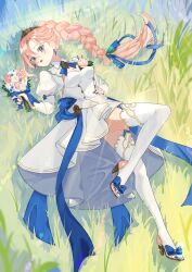 Rule 34 | 1girl, absurdres, aged down, blue eyes, bouquet, bow, braid, braided ponytail, crown, dress, flower, flower ornament, full body, hair bow, high heels, highres, holding, holding bouquet, juliet sleeves, long sleeves, looking at viewer, lying, on back, on grass, pink hair, ponytail, puffy sleeves, saha3nemui, shionne (tales), smile, solo, tales of (series), tales of arise, thighhighs