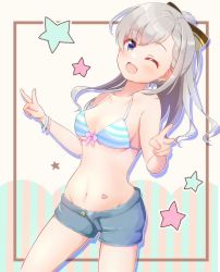 Rule 34 | absurdres, bikini, blue eyes, blue shorts, bow, bow bikini, breasts, collarbone, commentary request, denim, denim shorts, double v, earrings, grey hair, hair ribbon, hands up, heart stickers, highres, hisakawa hayate, idolmaster, idolmaster cinderella girls, jewelry, light blush, long hair, looking at viewer, medium breasts, mouchi (mouchimochi), navel, one eye closed, open mouth, pink bow, ponytail, ribbon, shorts, smile, solo, star (symbol), stomach, striped background, striped bikini, striped clothes, swimsuit, thighs, v, vertical stripes, white background