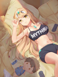 Rule 34 | 1boy, 1girl, armpits, bed, bed sheet, black shorts, blonde hair, blush, boyshort panties, breasts, brown hair, character doll, character name, cleavage, clothes writing, controller, day, doll, gem, hair ornament, headpiece, highres, indoors, jewelry, kiiro kimi, large breasts, long hair, looking at viewer, lying, messy hair, mythra (xenoblade), navel, nintendo, on back, panties, pillow, shirt, short hair, short shorts, shorts, smile, solo, sports bra, stomach, swept bangs, underwear, unworn panties, very long hair, xenoblade chronicles (series), xenoblade chronicles 2, yellow eyes
