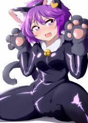 Rule 34 | 1girl, animal costume, animal ears, animal hands, bell, blush, bwell, cat costume, cat ears, cat tail, fake animal ears, fang, gloves, komeiji satori, looking at viewer, open mouth, paw gloves, paw pose, purple eyes, purple hair, sitting, smile, solo, tail, touhou