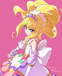 Rule 34 | 1girl, blonde hair, blue eyes, blunt bangs, closed mouth, commentary request, cure finale, dated, delicious party precure, haruyama kazunori, highres, holding, holding wand, kasai amane, looking at viewer, magical girl, pink background, ponytail, precure, simple background, smile, solo, twitter username, wand